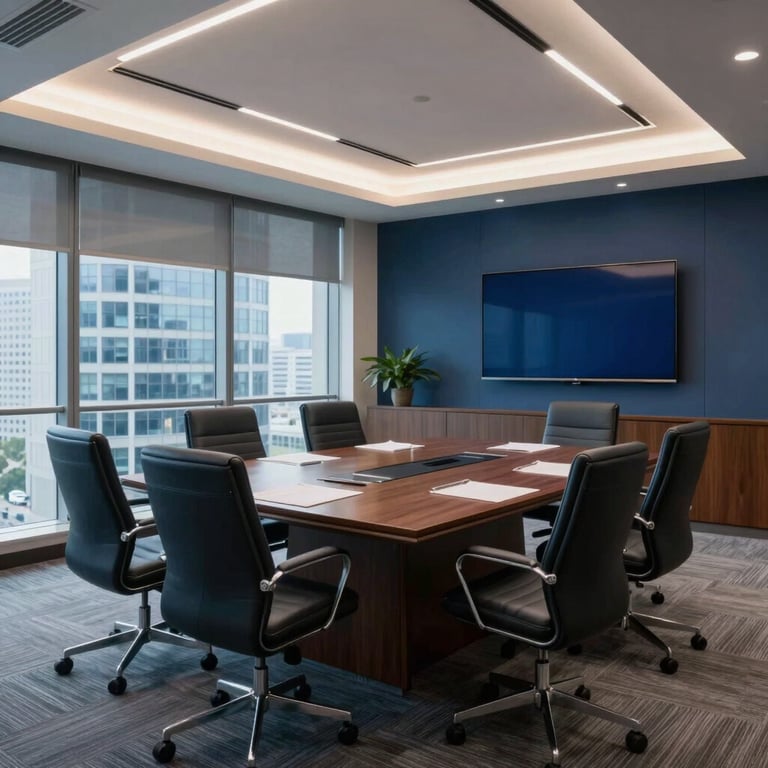 An interior shot of a professional board room in a North American office building, medium blue and dark blue accents, sophisticated lighting.