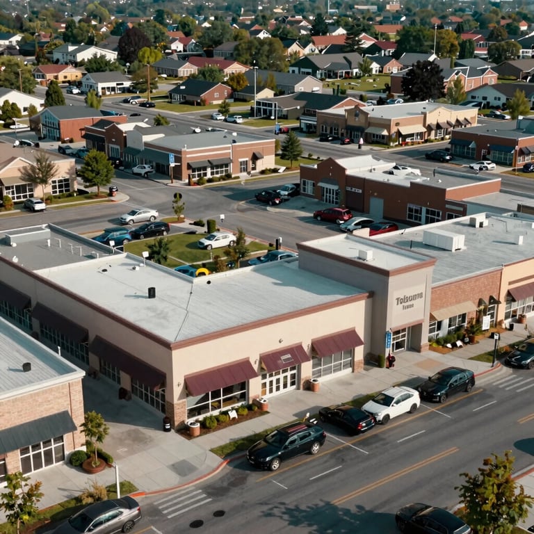 A high-angle view of a commercial retail strip in a North American suburb, showcasing strategic real estate investment.