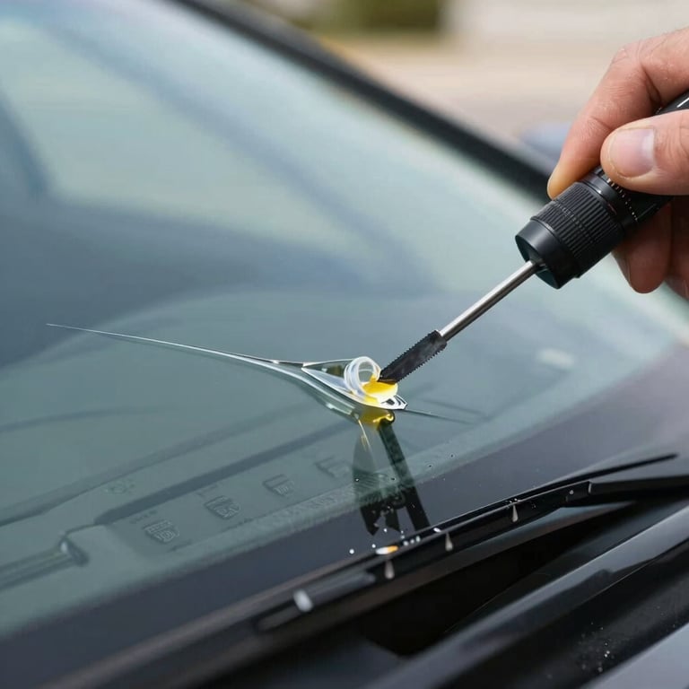 Macro photography of a windshield chip being filled with professional resin under bright daylight in a North American setting.