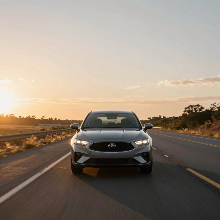 A car driving safely along a wide North American highway at sunset, with a clear and spotless windshield.