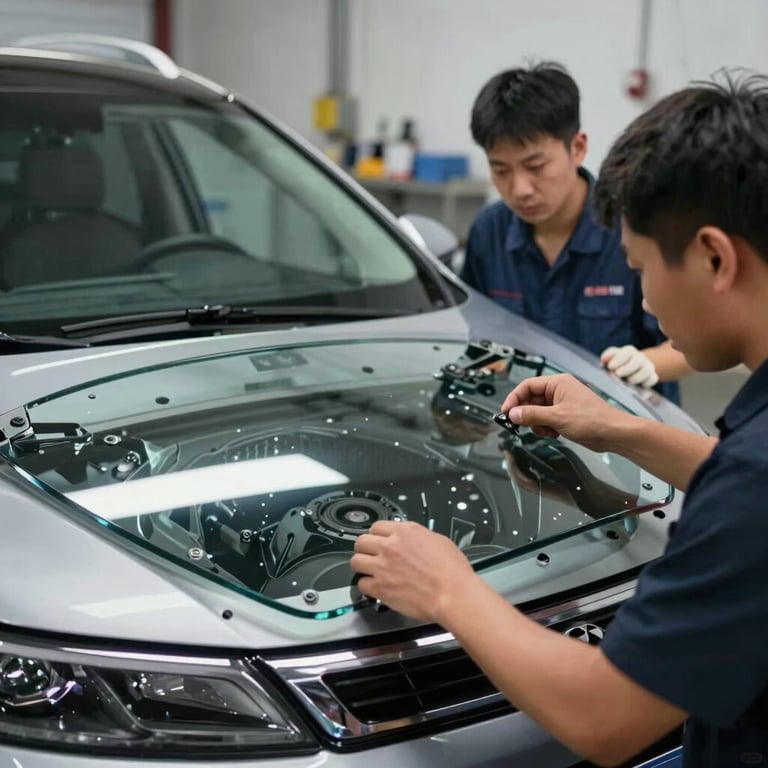 Detail of two technicians carefully installing a new glass windshield on a modern SUV in a North American workshop.