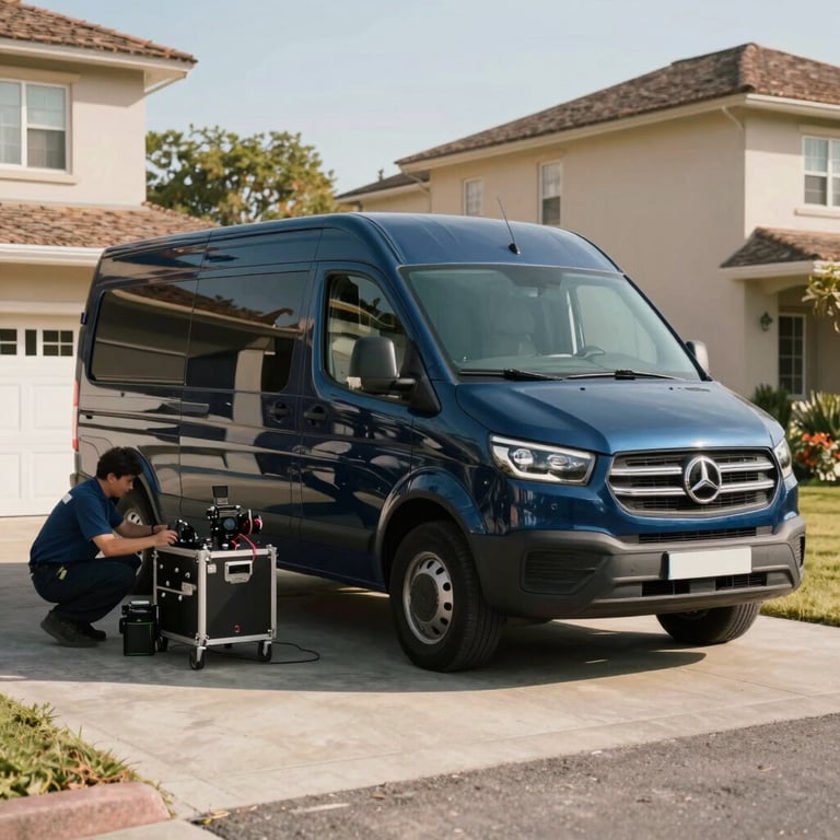 A dark blue service van parked in a sunny residential driveway with technicians preparing equipment.