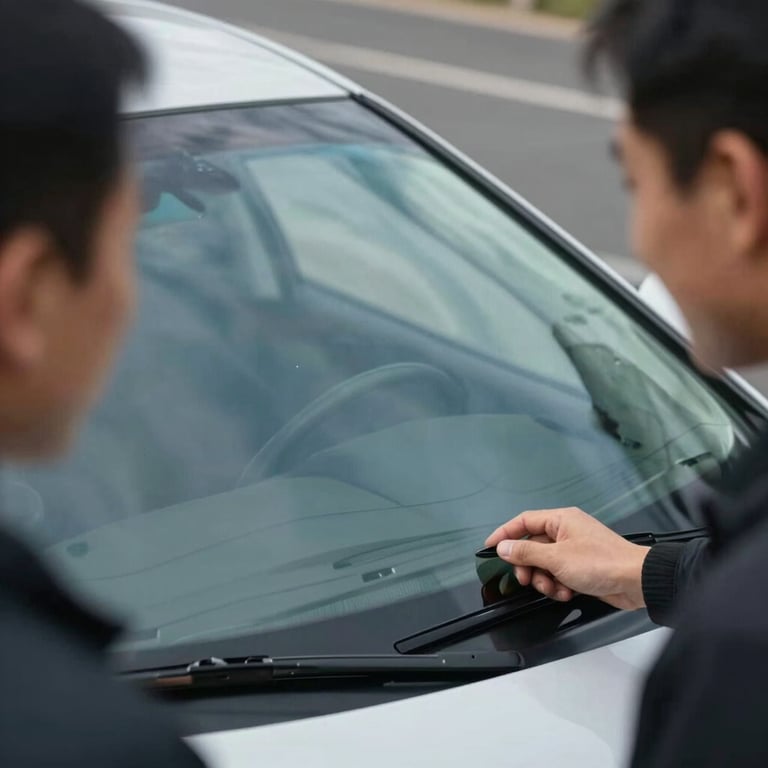 Close-up of a smiling customer viewing their perfectly repaired windshield, reflecting a blue sky.