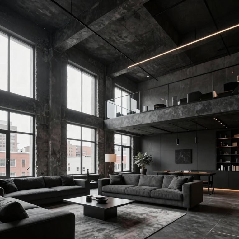 A contemporary urban loft living space with high ceilings and sophisticated charcoal accents.