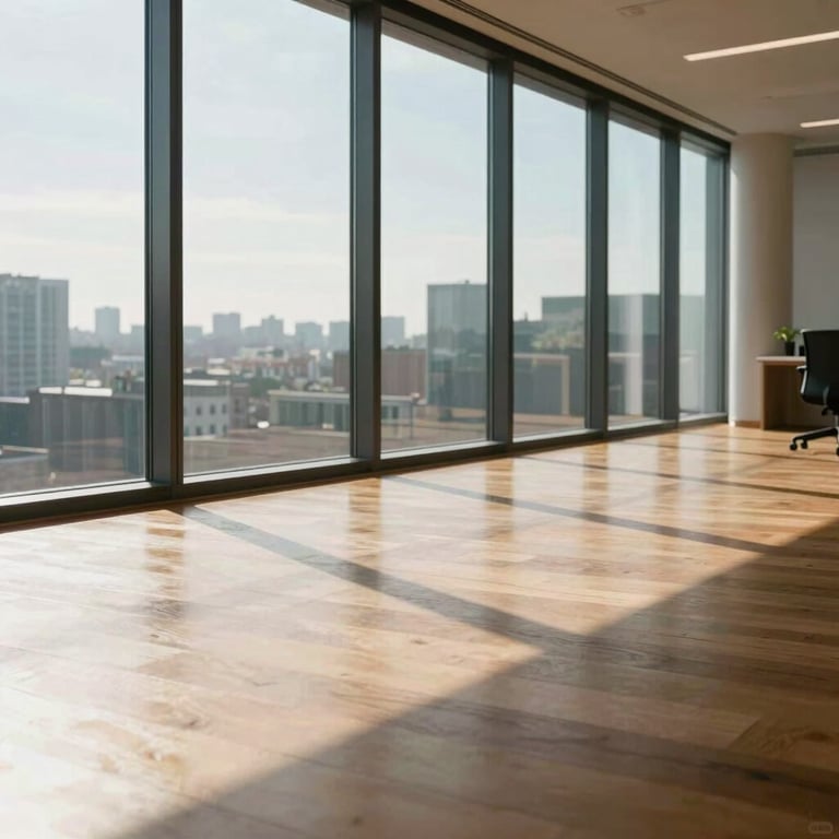 Sunlight streaming through large floor-to-ceiling windows onto a clean wooden office floor.