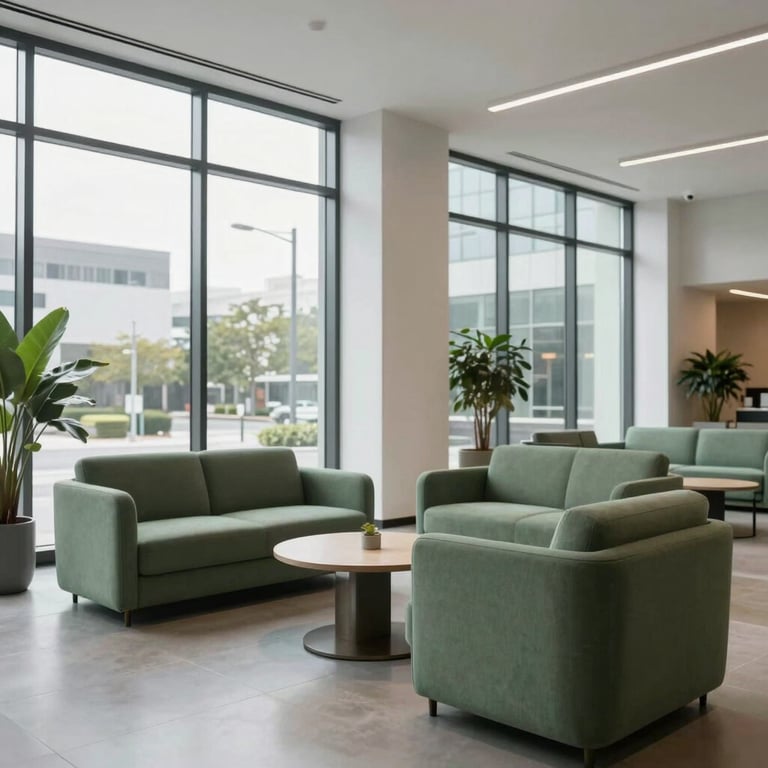A minimalist modern lobby featuring sage green furniture and large windows in a North American office building.