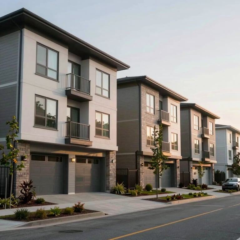 Wide shot of a modern residential street with clean North American architecture.