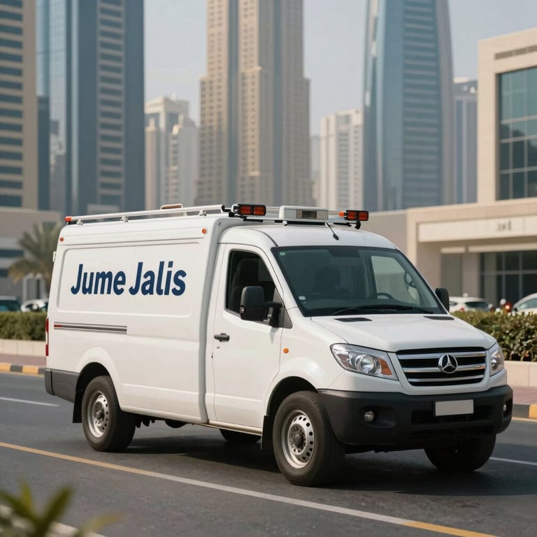 An outdoor shot of a professional service vehicle parked in the modern streets of Jumeirah Lakes Towers, Dubai.