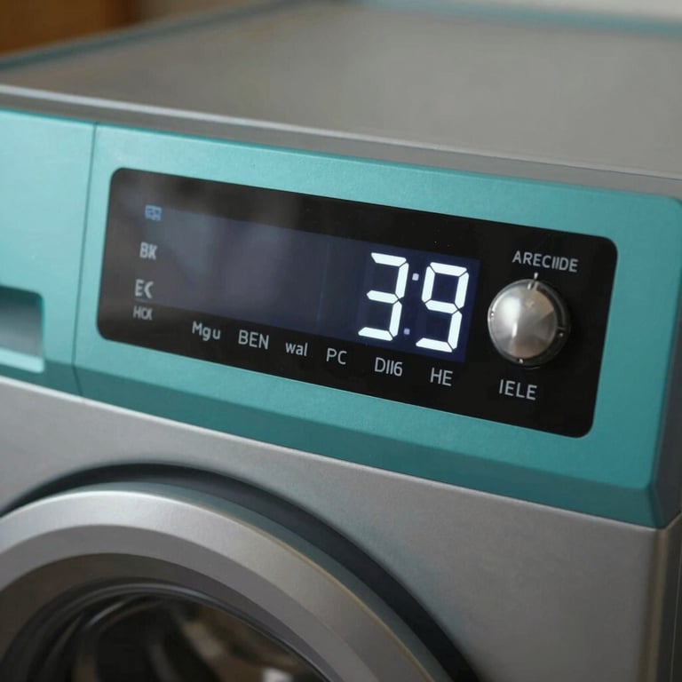 A close-up of a modern washing machine digital display being repaired, with Ocean Teal and Deep Charcoal colors visible in the UI and reflection.