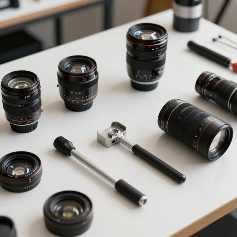 A professional toolkit featuring high-end instruments, organized neatly on a Soft Mist White surface in a Dubai workshop.