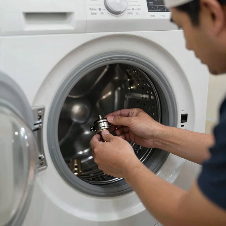 A detailed shot of a technician testing the drainage of a washing machine, showing precision and professional care in a Middle Eastern / Gulf home.