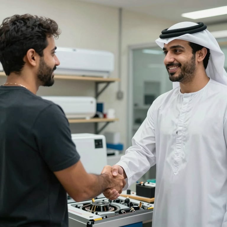 A professional in a Middle Eastern / Gulf setting shaking hands with a satisfied customer after a successful appliance repair service.