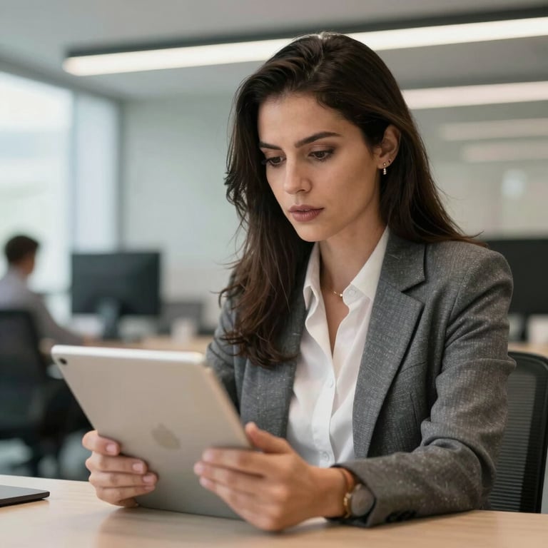 Professional woman in a Brazilian office using a tablet, focused expression, modern workplace background.