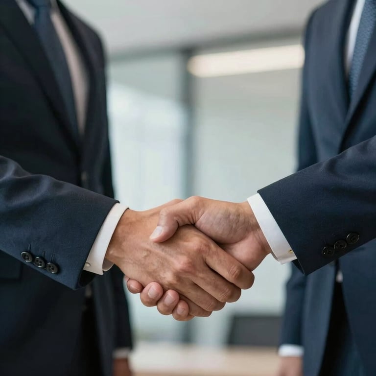 Close-up of a handshake between two professionals in business attire in a South American corporate setting.