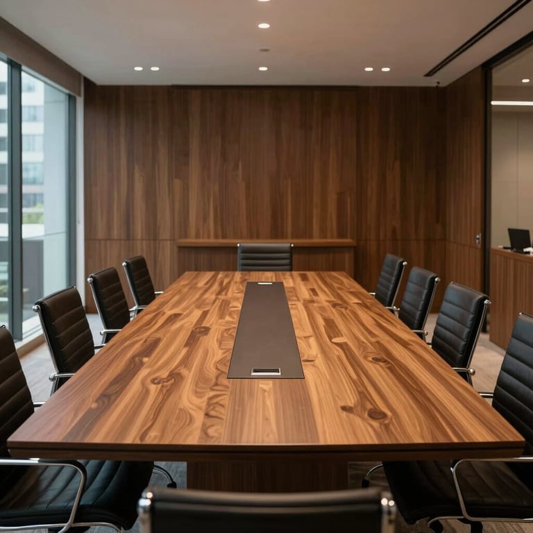 A sleek conference room in São Paulo with a large wooden table and modern chairs, architectural photography style.