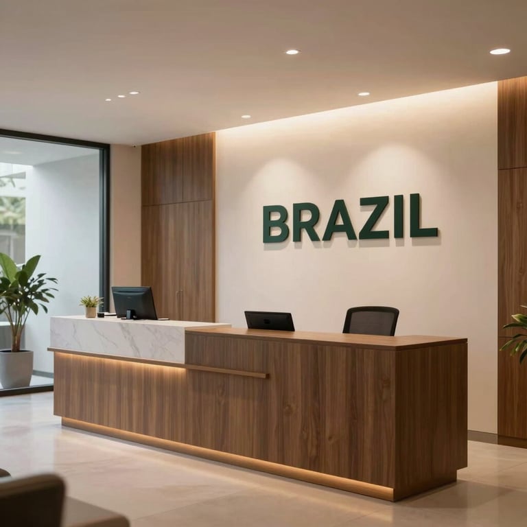 A modern reception area of a consulting firm in Brazil with professional branding and soft, warm lighting.