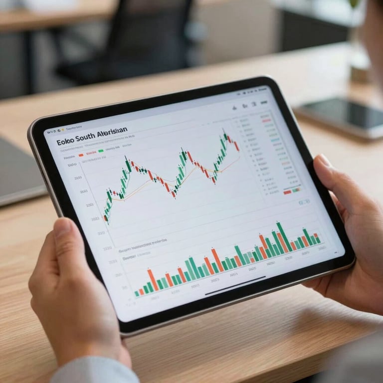 Close-up of financial charts on a tablet screen held by a professional in a South American office environment.