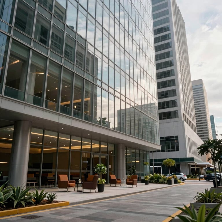 Wide shot of a modern Brazilian financial district office with glass walls and professional furniture, soft daylight.
