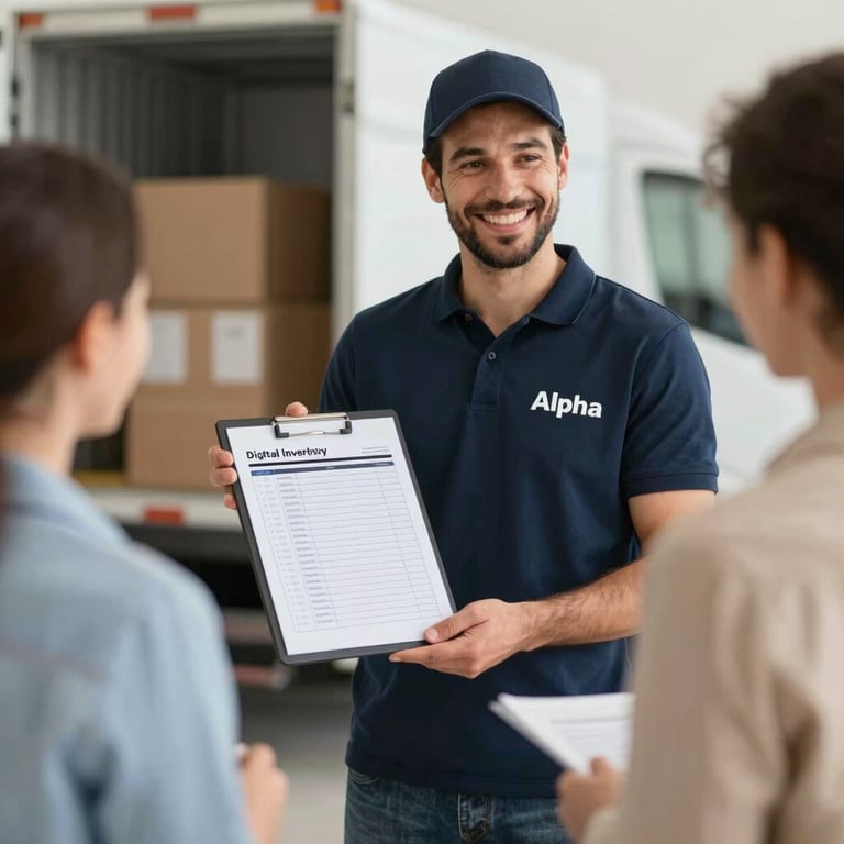 A friendly Alpha Furniture Moving expert in Al Ain presenting a digital inventory list to a satisfied client, conveying transparency.