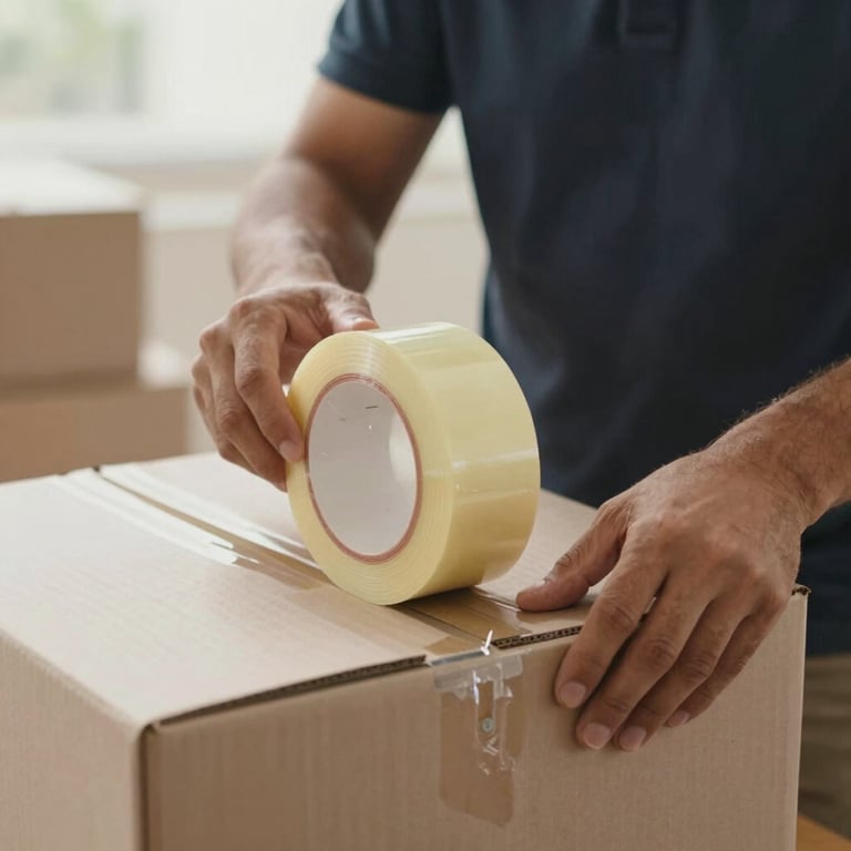 A close-up of a mover's hands in Al Ain carefully securing a fragile box with high-quality tape, emphasizing detail and care in #F7F4EF lighting.