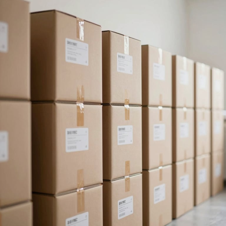 A row of neatly labeled moving boxes stacked against a wall, showing organized efficiency and clear management.