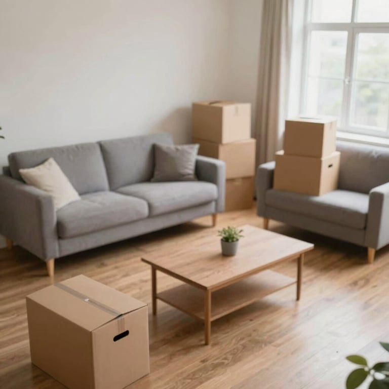 A high-angle shot of a living room after a successful move, with furniture perfectly placed and looking clean and orderly.