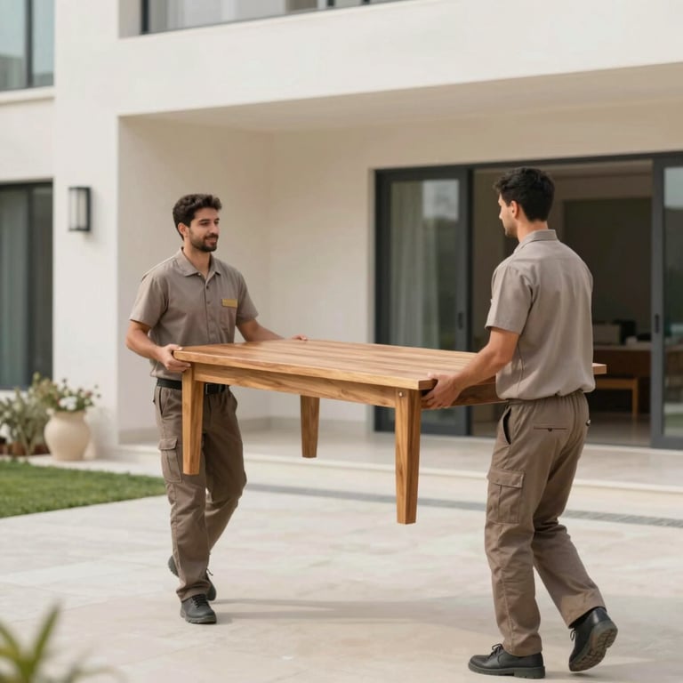 Two professional movers in #0F1A2A uniforms lifting a heavy wooden table with perfect form and teamwork in a modern Al Ain villa.