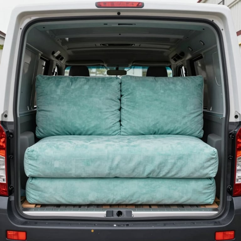 A wide shot of a neatly organized moving truck interior, showing furniture padded with #D1C0B5 colored blankets and secured properly.