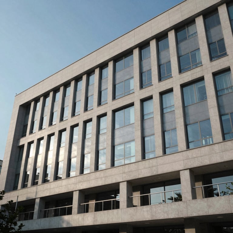 A modern building facade of a health institute reflecting a clear sky blue morning.