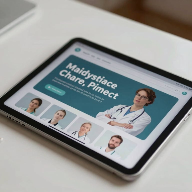 Close-up of a tablet displaying a medical training interface on a soft pearl desk.