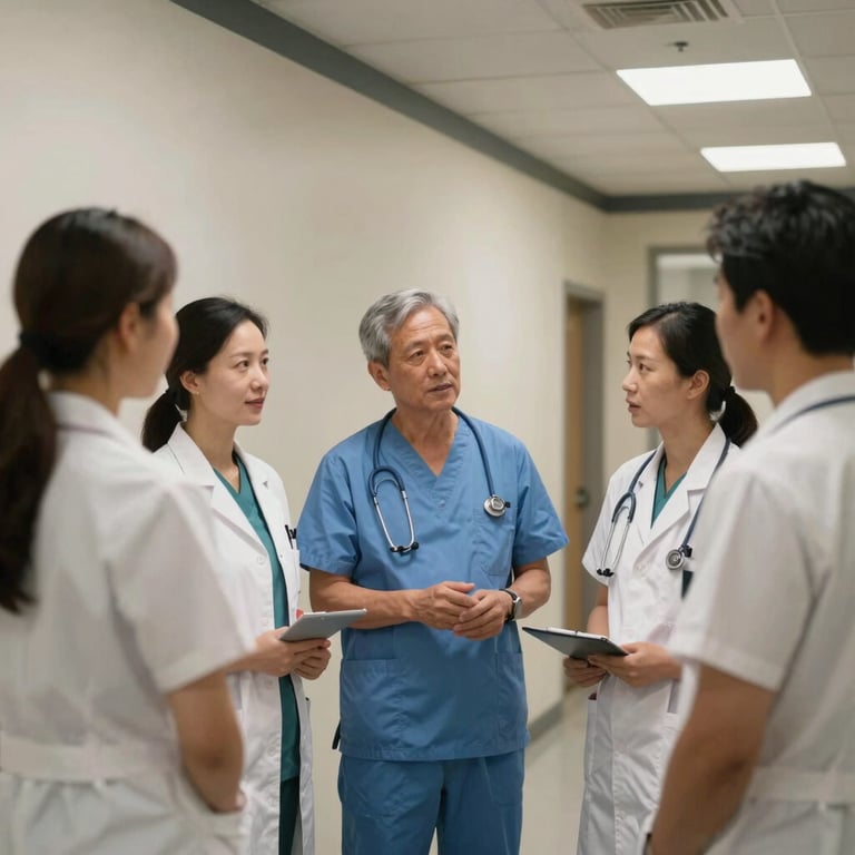 A group of health professionals talking in a hallway with soft pearl walls and charcoal trim.