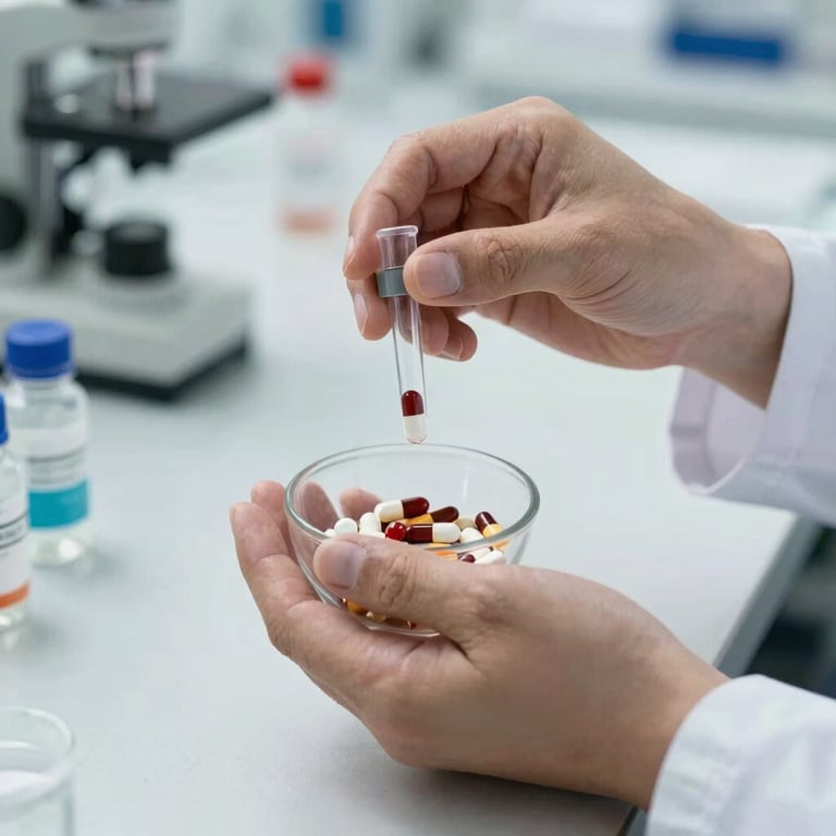 Hands of a specialist mixing pharmaceutical components in a bright, clinical environment.