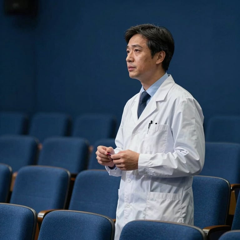 A pharmaceutical professional presenting a lecture in a deep indigo colored auditorium.
