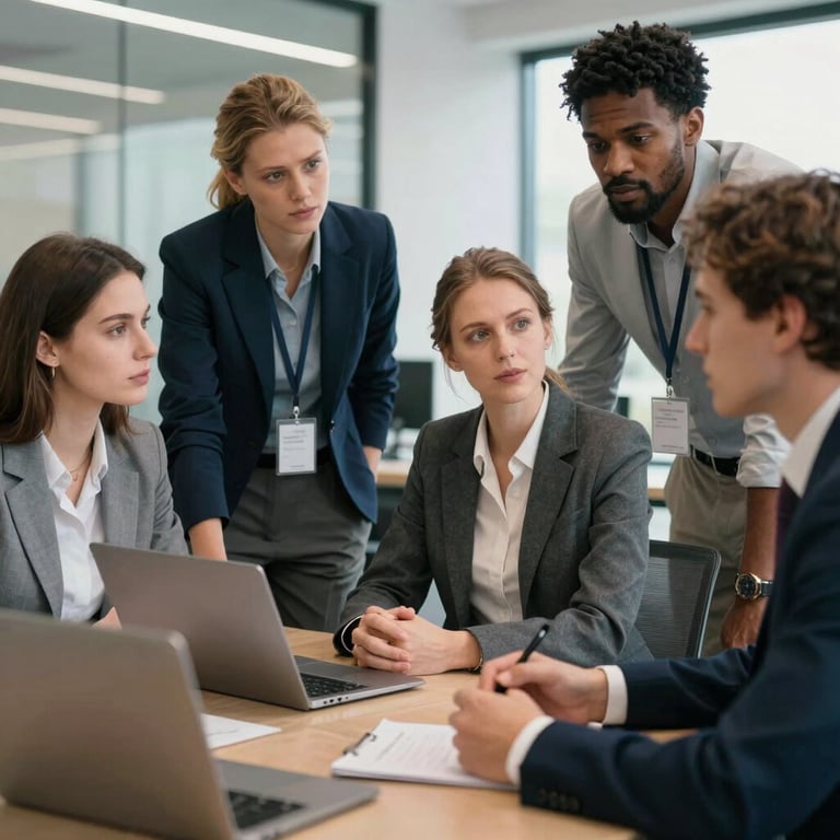 A group of diverse professionals in Western European business attire having a focused discussion in a modern workspace.