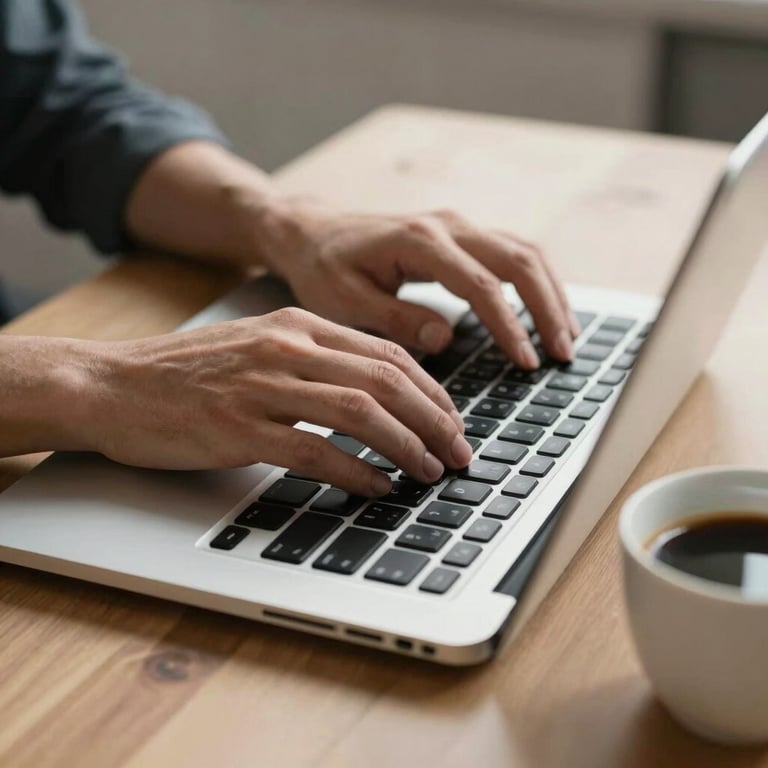 Close-up of hands typing on a modern laptop keyboard, with a cup of coffee on a light wooden desk, Western European setting.