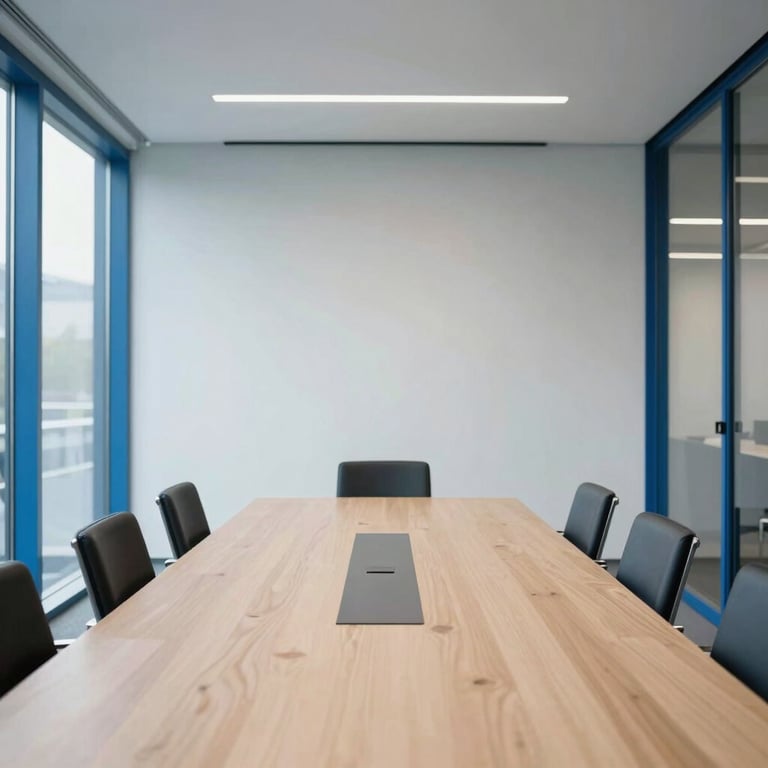 A bright, minimalist meeting room in a Dutch office building with steel blue accents and glass walls.