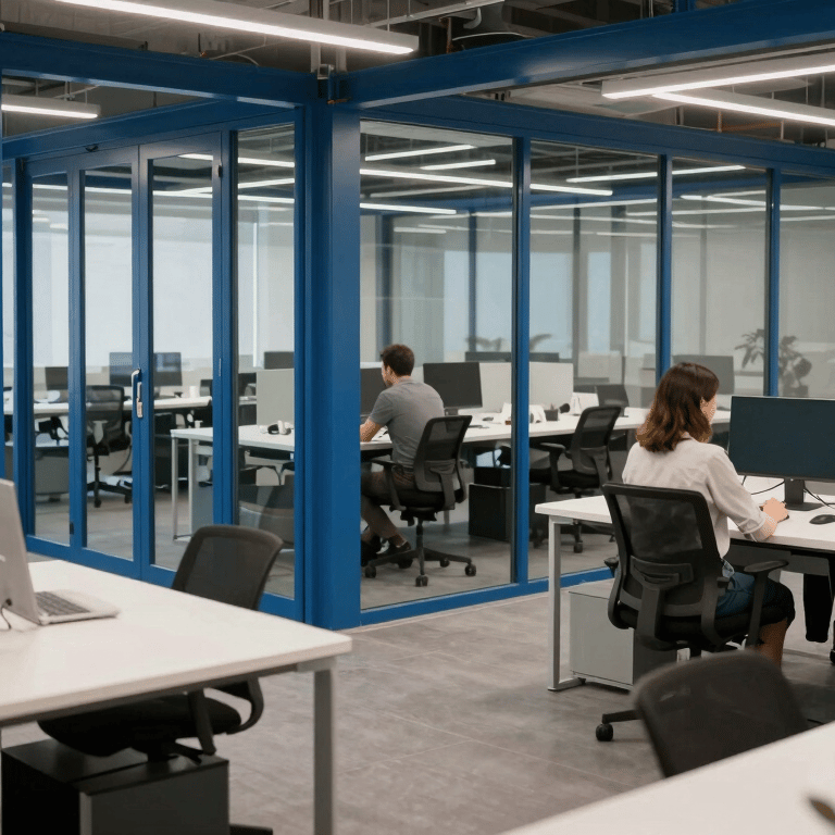A crisp photograph of a clean, modern Western European office interior with deep dark blue walls and off-white furniture.