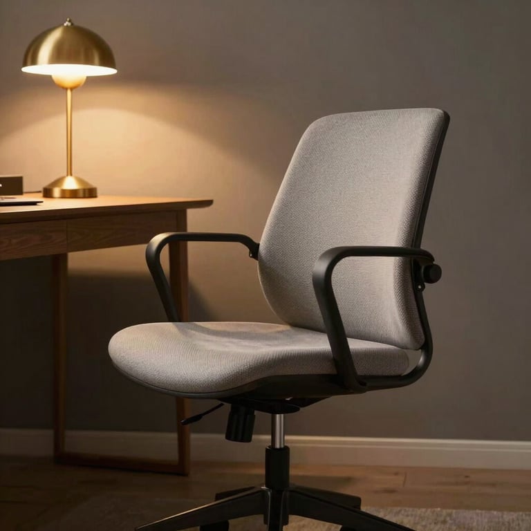 A stylish, ergonomic chair in a modern Dutch study with a golden yellow lamp providing warm light.