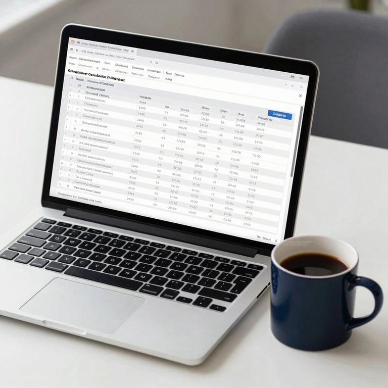 A sleek laptop showing a professional spreadsheet on a clean white desk with a Midnight Navy coffee mug.