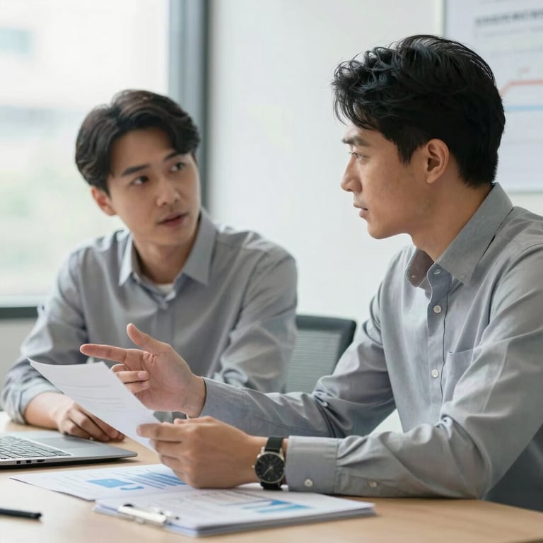 Two business professionals in a bright meeting room, one wearing a Soft Frost shirt, discussing financial strategy.