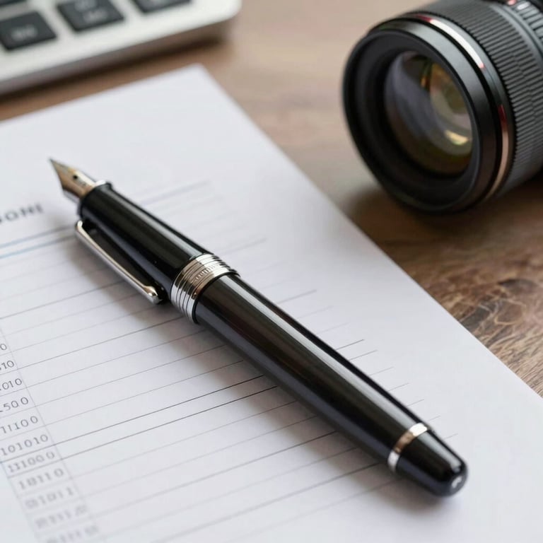 Close-up of a high-end fountain pen resting on a financial report in a modern office setting.