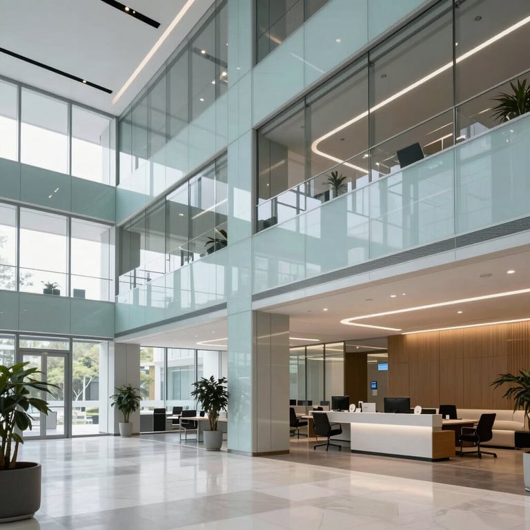 A wide shot of a modern, sophisticated office lobby with Pale Steel Blue and glass elements.