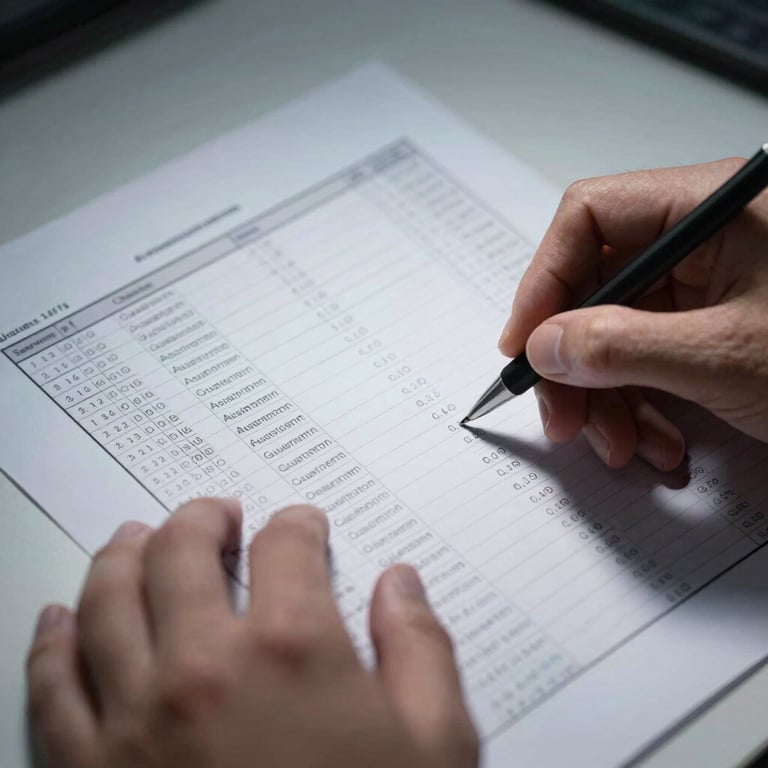 Close overhead shot of hands annotating a printed financial spreadsheet on a desk, mechanical pencil marking assumptions column, cool task-lamp light casting sharp shadows across the document, no faces visible, crisp document texture