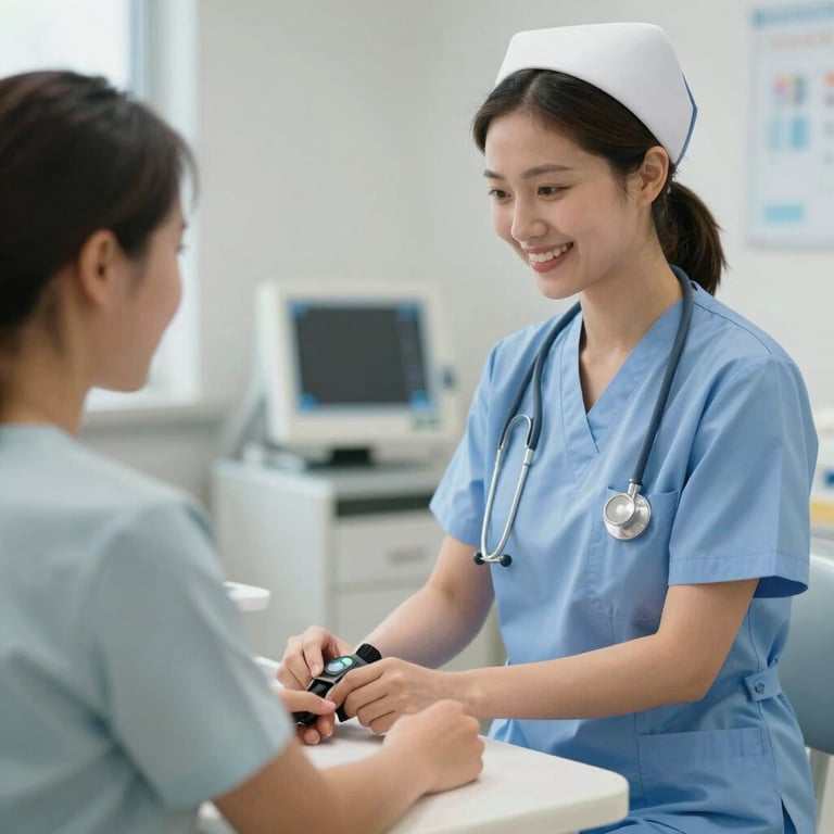 A compassionate nurse smiling while checking a patient's vitals, emphasizing patient well-being.