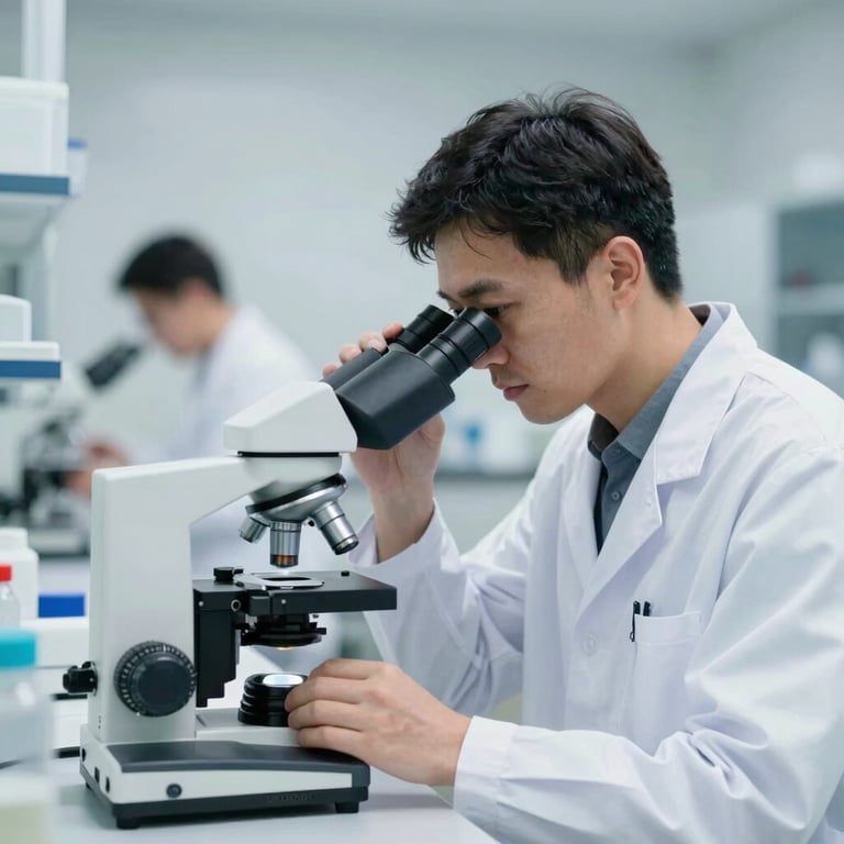 A laboratory researcher looking through a microscope in a clean, organized medical lab with #89B1C5 accents.