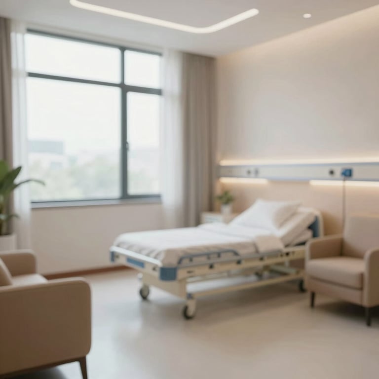 A bright and airy private patient recovery suite with large windows and comfortable modern furniture.
