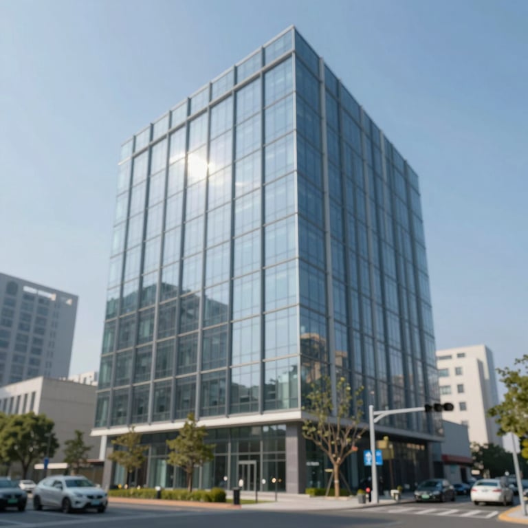 The exterior of the Mediaxes building, a sleek glass structure representing modern healthcare architecture.