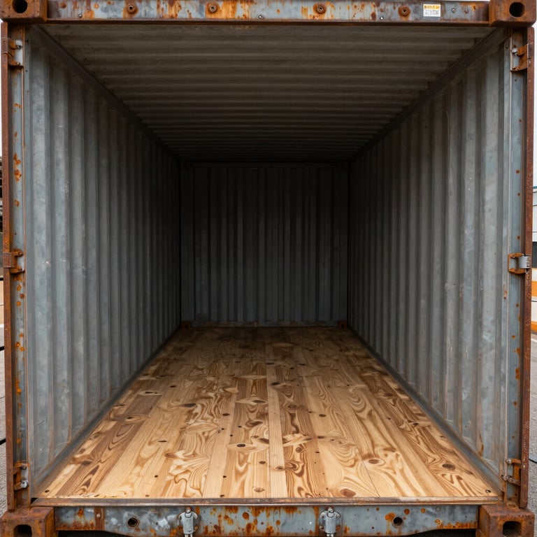 Interior view of an empty 20ft container showing clean, marine-grade plywood flooring and structural Corten steel walls with tie-down rings.