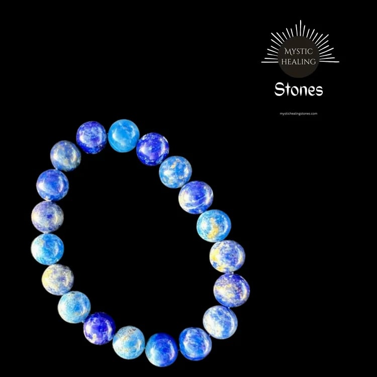 A blue lapis lazuli crystal beaded bracelet for spiritual healing and wellness on a black background.