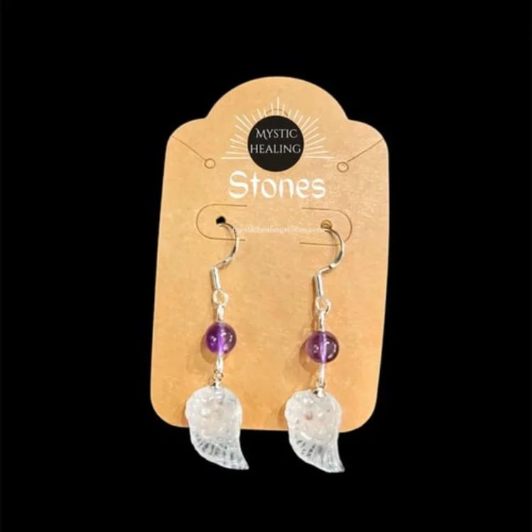 Handmade silver dangle earrings featuring purple amethyst beads and q angel wings on a display card.